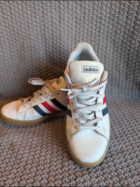 adidas White Sneakers with Red & Navy Stripes